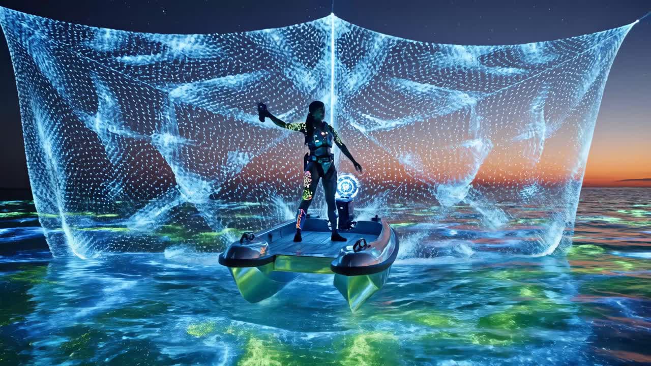 Futuristic Woman on a Boat with Holographic Projection