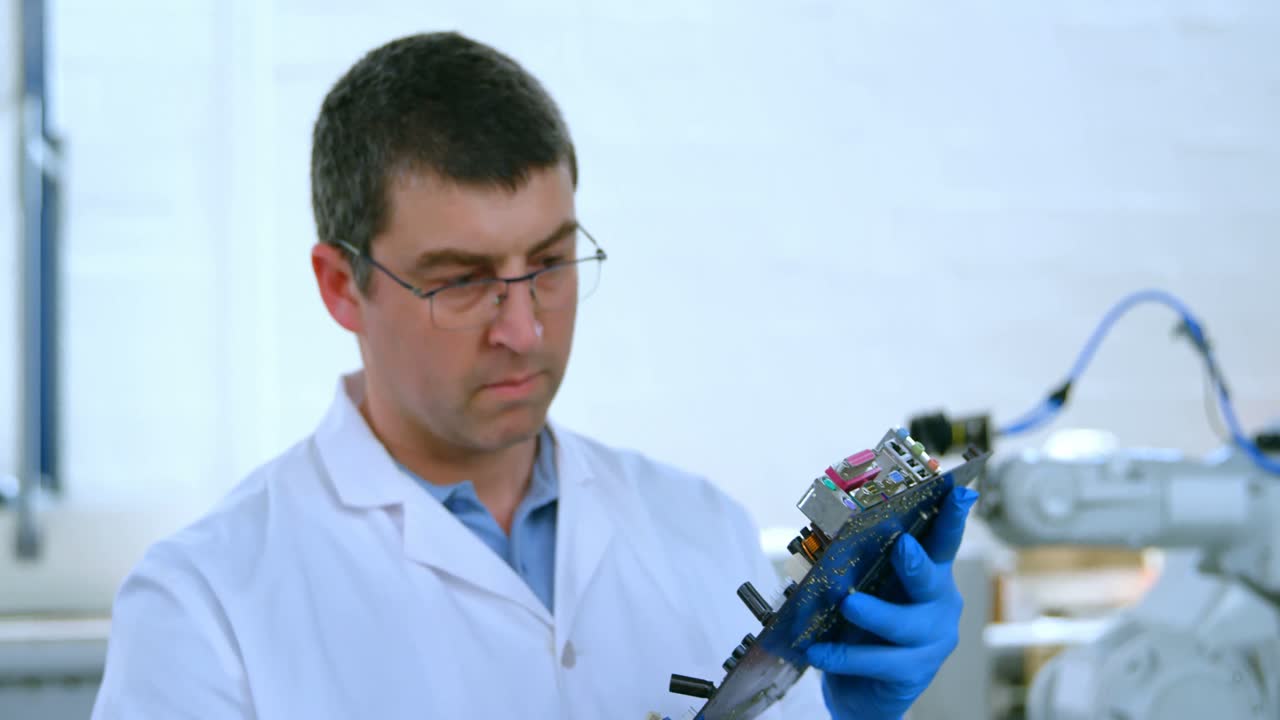 ingeniero robótico examinar la placa de circuito 4k