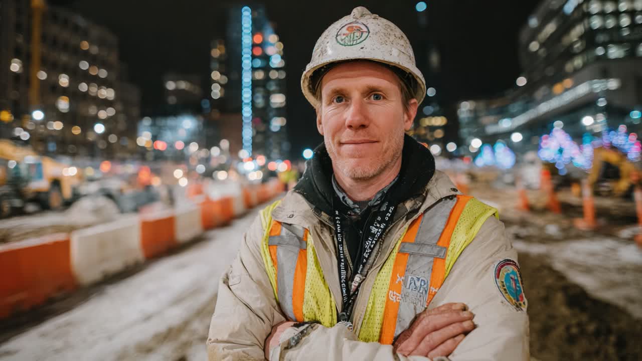 Un operaio edile sorridente in città di notte, che indossa dispositivi di sicurezza e mostra un impegno per lo sviluppo urbano in un cantiere affollato