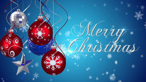 animación de feliz texto de navidad con adornos de navidad decoración con nieve cayendo