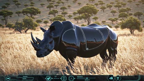 futuristic black rhino in a safari landscape