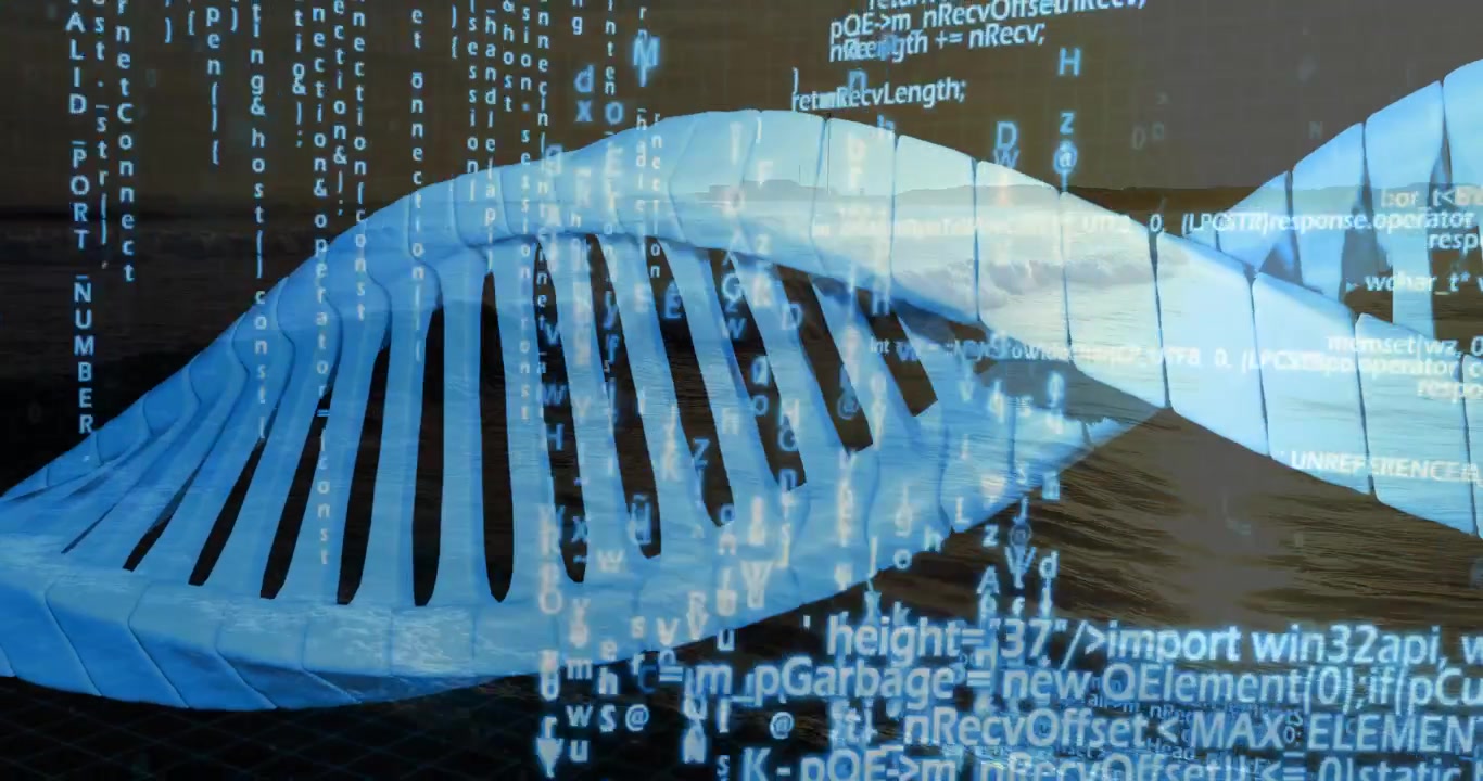 On start blue DNA helix undulating across dark sea, streaming code columns visualizing biotech data