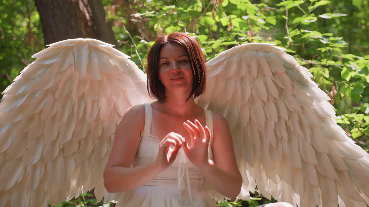Fairy gods with white wings seated cross leg on fallen forest tree adjusting hair under warm sunlight, surrounded by lush green leaves, expressing grace, peace, and divine beauty