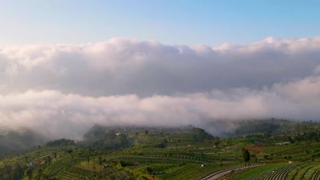 hyperlapse drone shot over tropical landscape with dense misty clouds at sky at sunset, asia