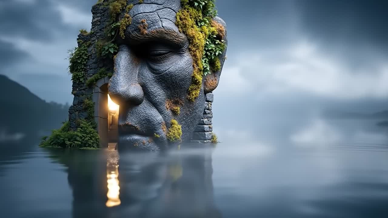 A statue of a man's face in the middle of a body of water