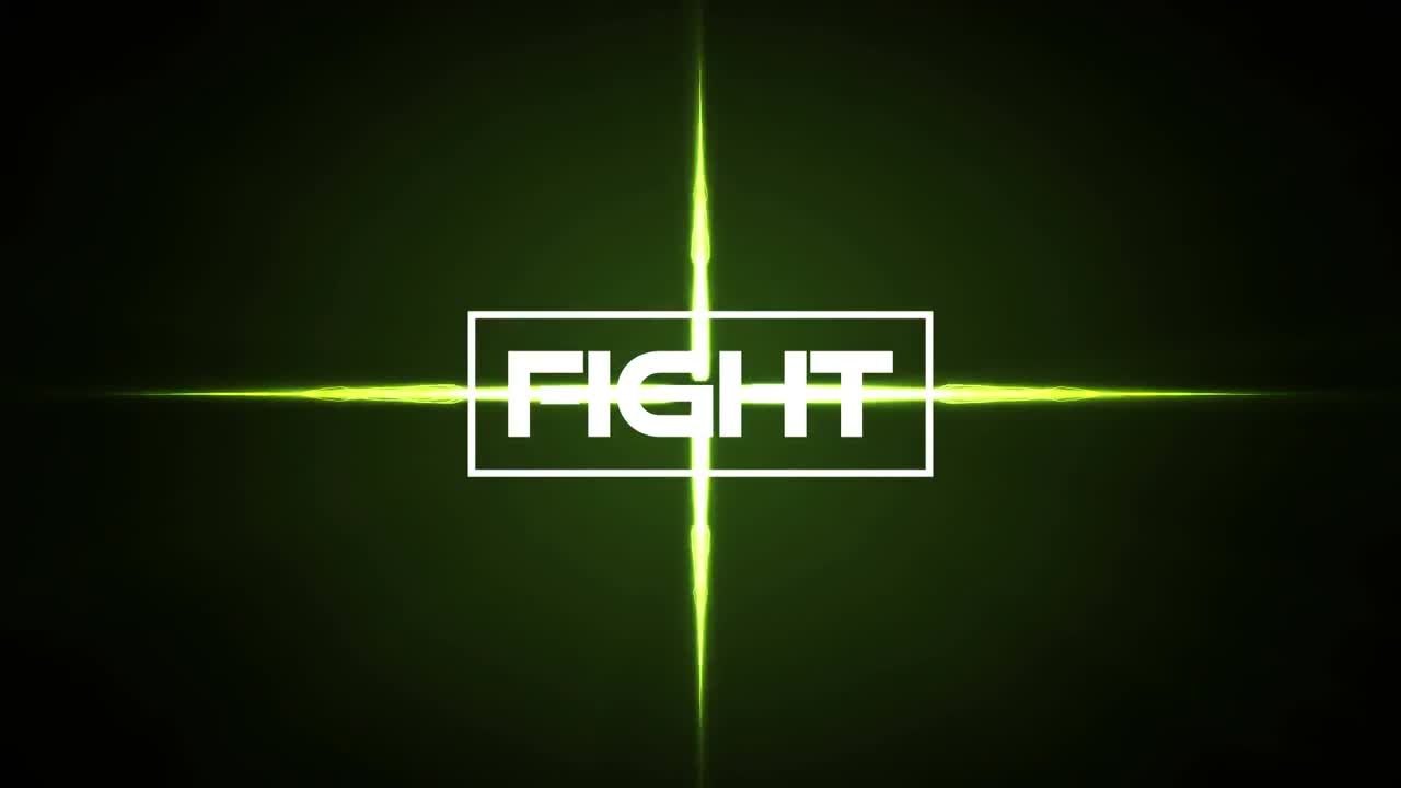 검은 바탕에 녹색 불빛 위에 싸움 텍스트의 애니메이션