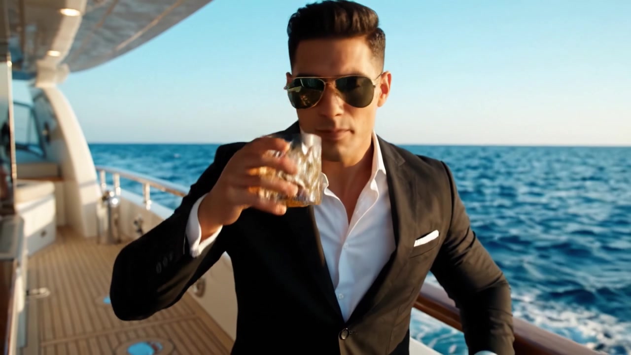 Un Elegante Signore con Occhiali da Sole Si Gode una Bevanda Rinfrescante Mentre Si Rilassa su uno Yacht di Lusso con Onde Calmanti dell'Oceano sullo Sfondo