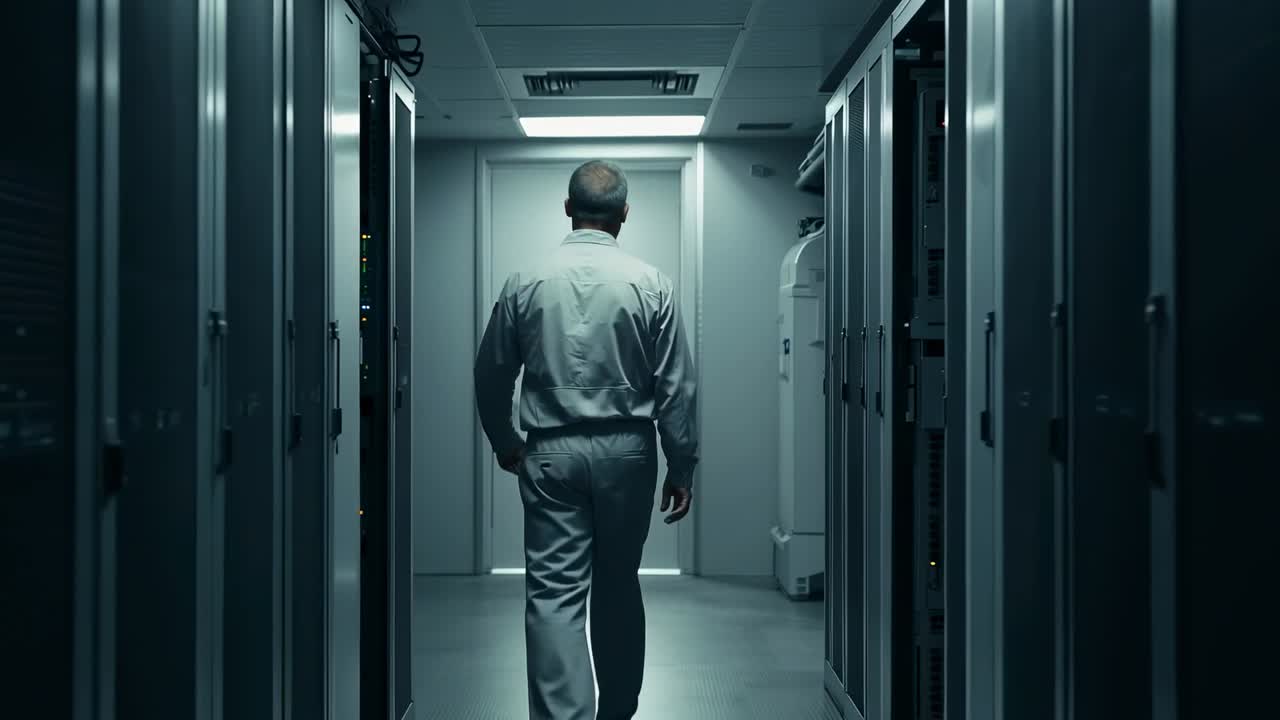 Tecnico che cammina lungo il corridoio dei server, indossando una camicia chiara, passando accanto a rack lampeggianti e a un'unità bianca