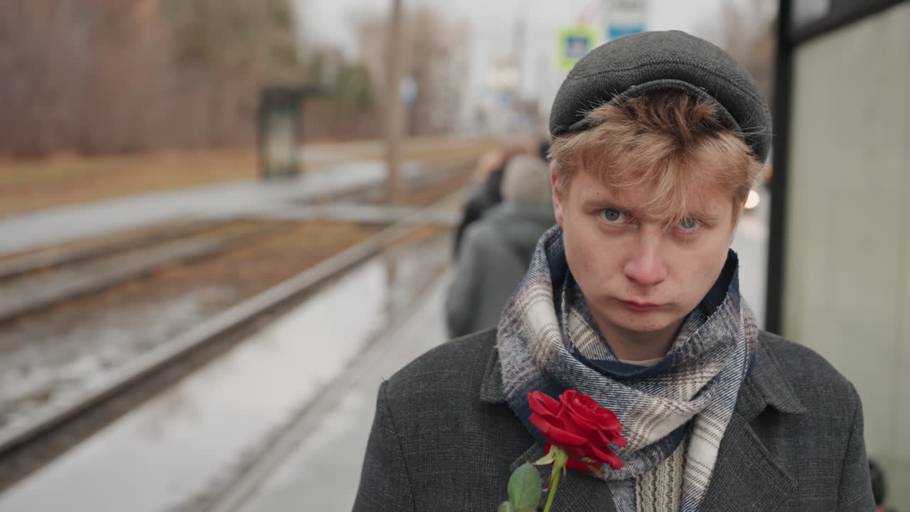 Giovane uomo bianco con una rosa su una piattaforma, sguardo provocatorio da creatore. Pavimento bagnato e pendolari di passaggio, sciarpa di lana e berretto. Tensione urbana, ritratto ravvicinato cinematografico, pioggia sottile, espressione cruda.