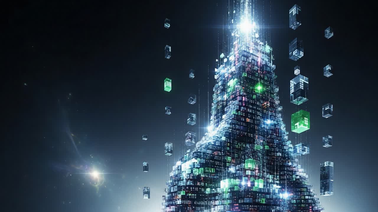 A Stunning Visualization of Digital Architecture Evolving with Light and Data: The Spectacle of a Glimmering Tower Surrounded by Floating Elements Represents Innovation and Technology