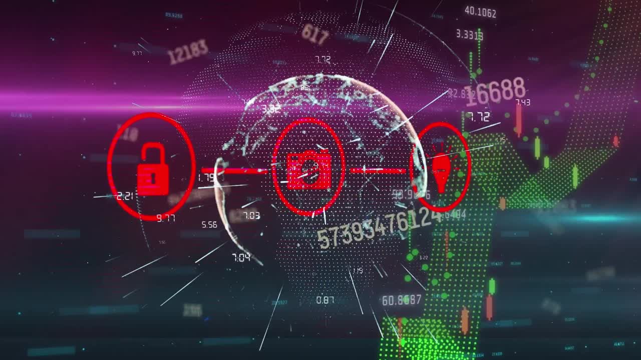 블랙 배경 위에 지구와 데이터 처리를 가진 미디어 아이콘의 애니메이션