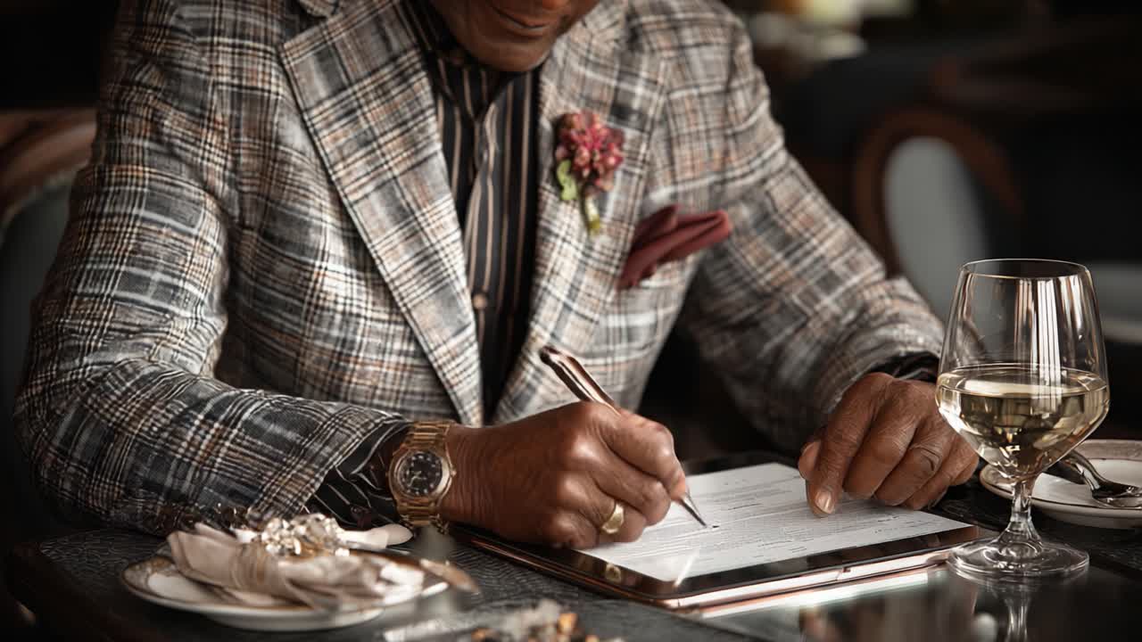 Elegant Signing Ceremony Captured: A Close-Up of a Stylishly Dressed Individual Signing a Document, Showcasing a Sophisticated Atmosphere and Attention to Detail