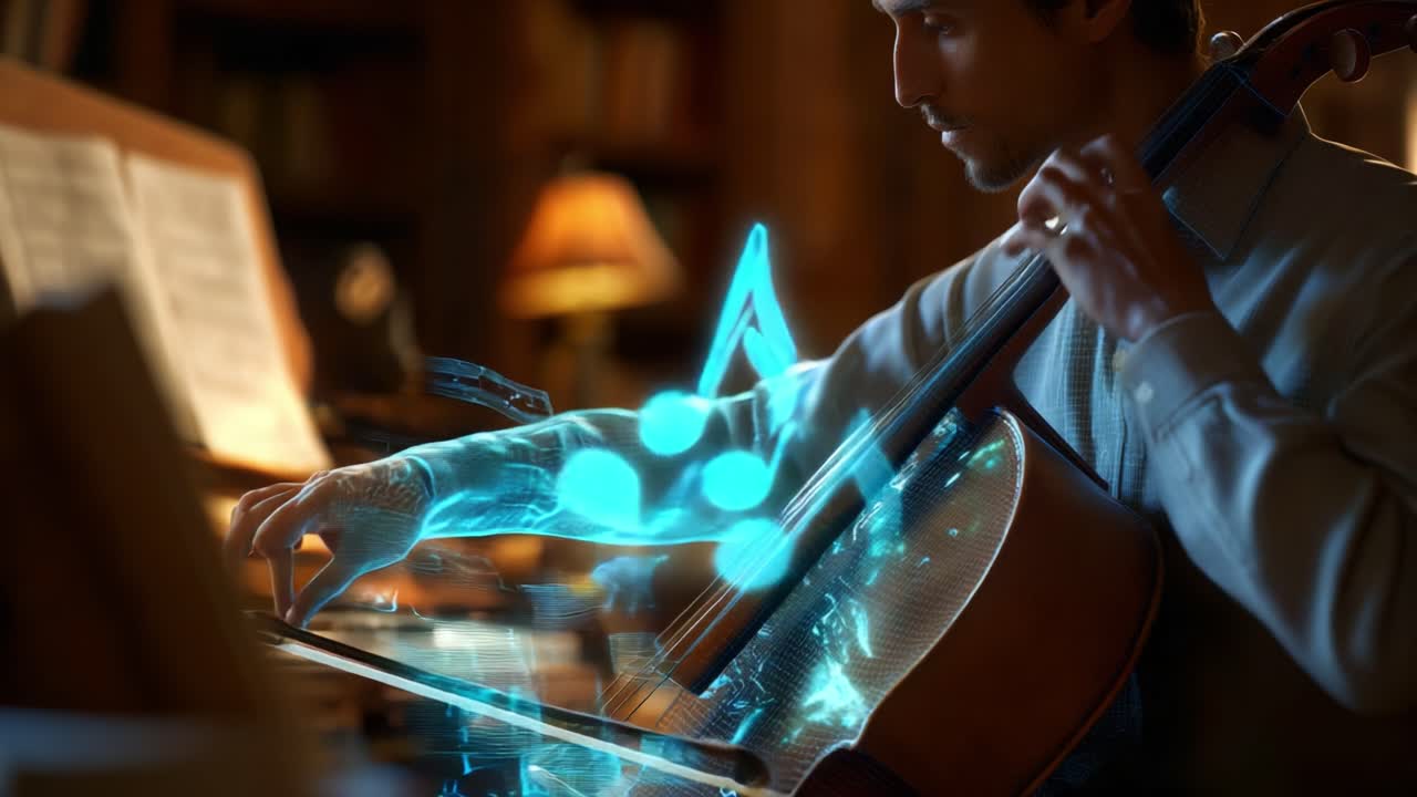 A musician deeply immersed in playing the cello, surrounded by the enchanting glow of musical notes and holographic visuals, highlighting the harmony of innovation and artistry