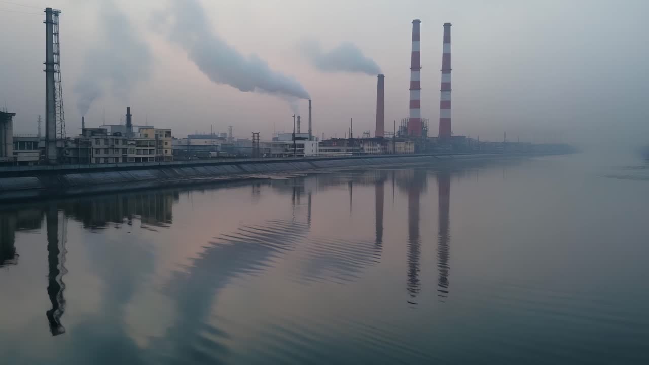 Industrial landscape with smokestacks and river