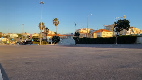 empty beach car park spaces covered in asphalt with some palm trees in estoril