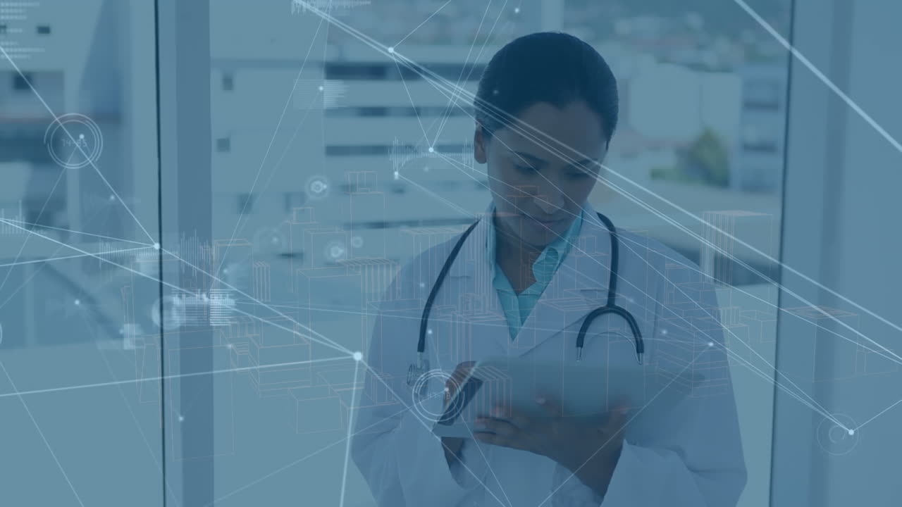 animación de la red de conexiones con procesamiento de datos sobre la mujer médica afroamericana.