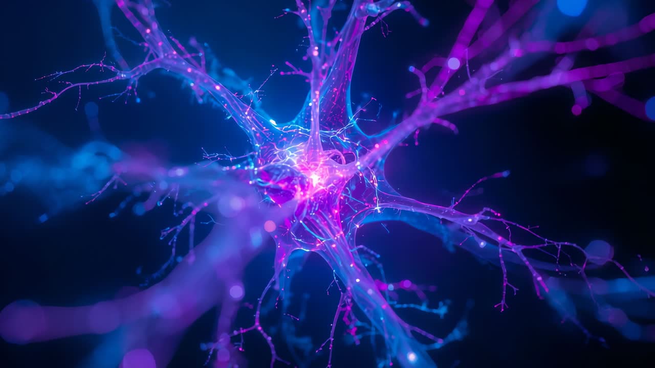 Opening scene showing neuron emitting pulses along dendrites in void, rotating zooming to synapse