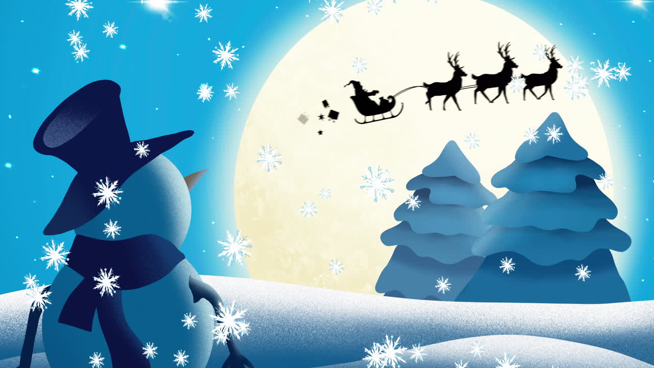 animación de santa claus en trineo con renos moviéndose sobre la luna y el paisaje de invierno