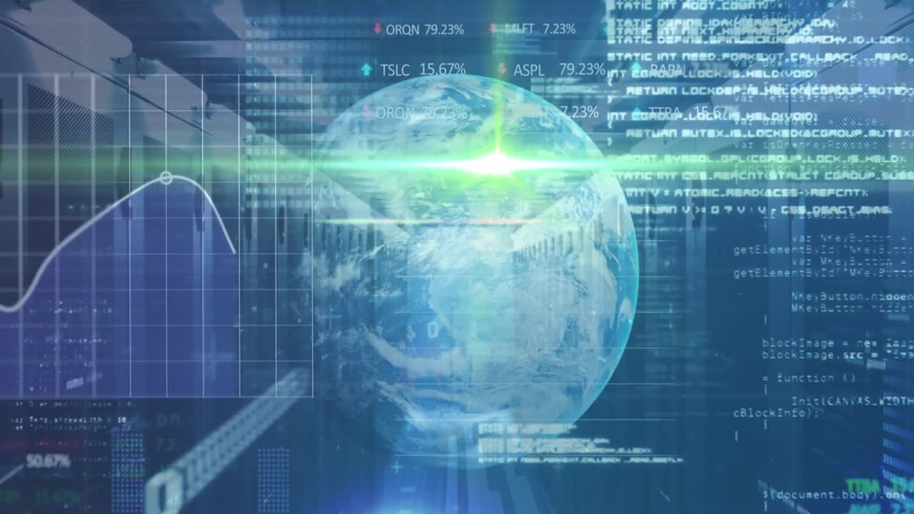 Animation of graphs, trading boards, binary codes, computer language and globe over server room