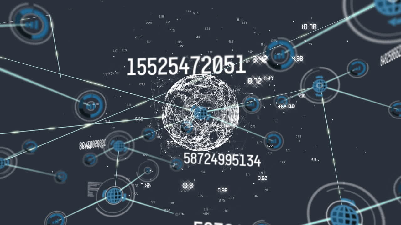 전 세계와 검은 바탕에 아이콘을 가진 연결 네트워크의 애니메이션