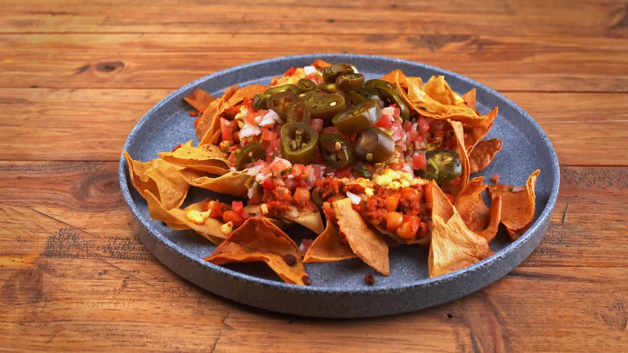 Close-up shot of a delicious mound of Mexican nachos piled high with tangy pico de gallo salsa, complemented by a scoop of velvety guacamole