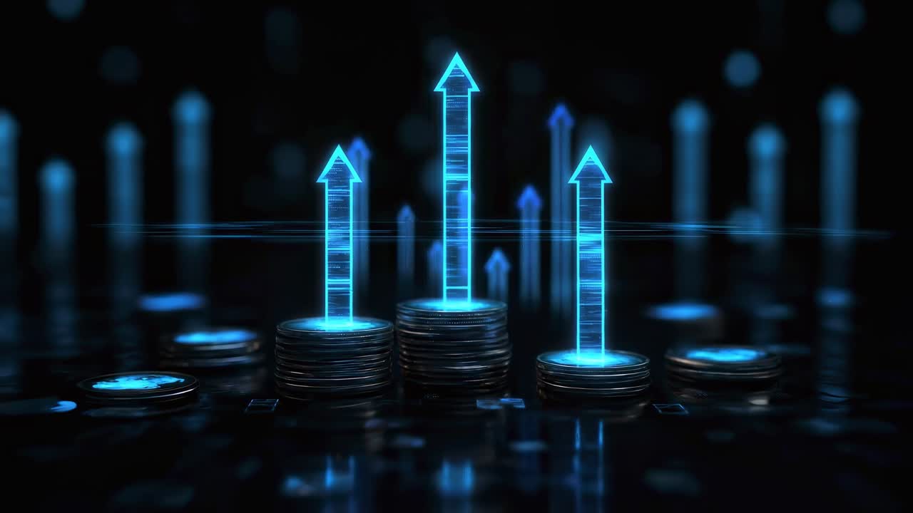 Digital Coins with Glowing Upward Arrows Representing Financial Growth