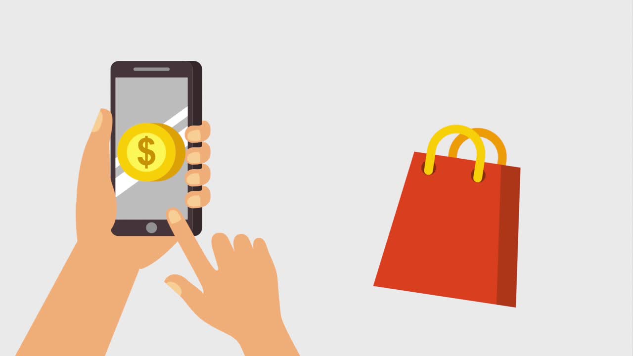스마트폰으로 달러를 온라인으로 구매하는 가방이 떨어집니다.