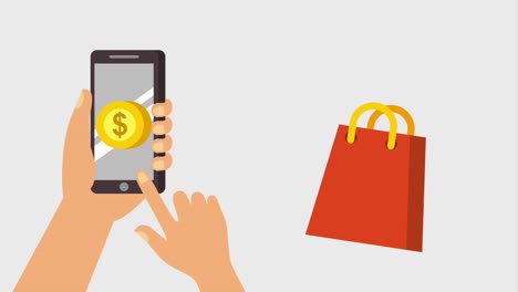 con las manos de teléfono inteligente dólar comprar en línea bolsa cayendo