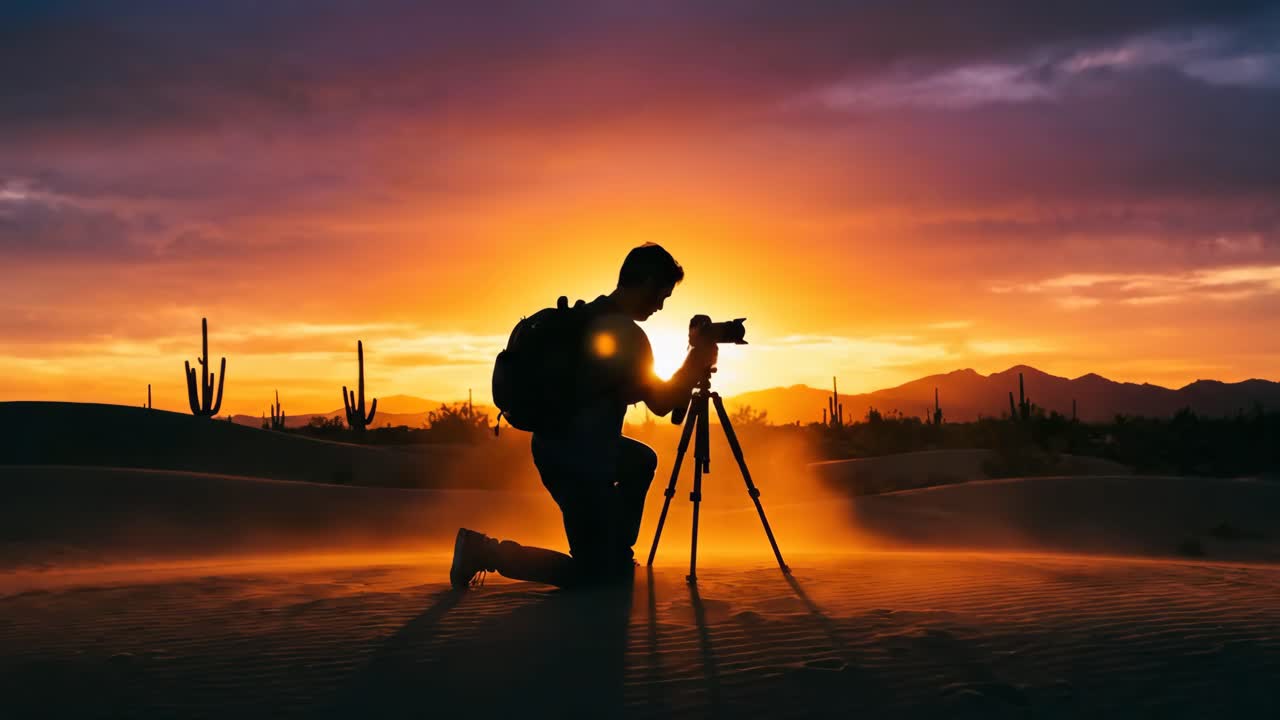 Silhouette di un fotografo inginocchiato con fotocamera e treppiede al tramonto nel deserto