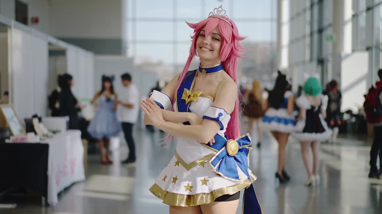 Cosplayer in posa con parrucca rosa, tiara, la fotocamera mette a fuoco, che saluta, gesticola e si gira in una convention