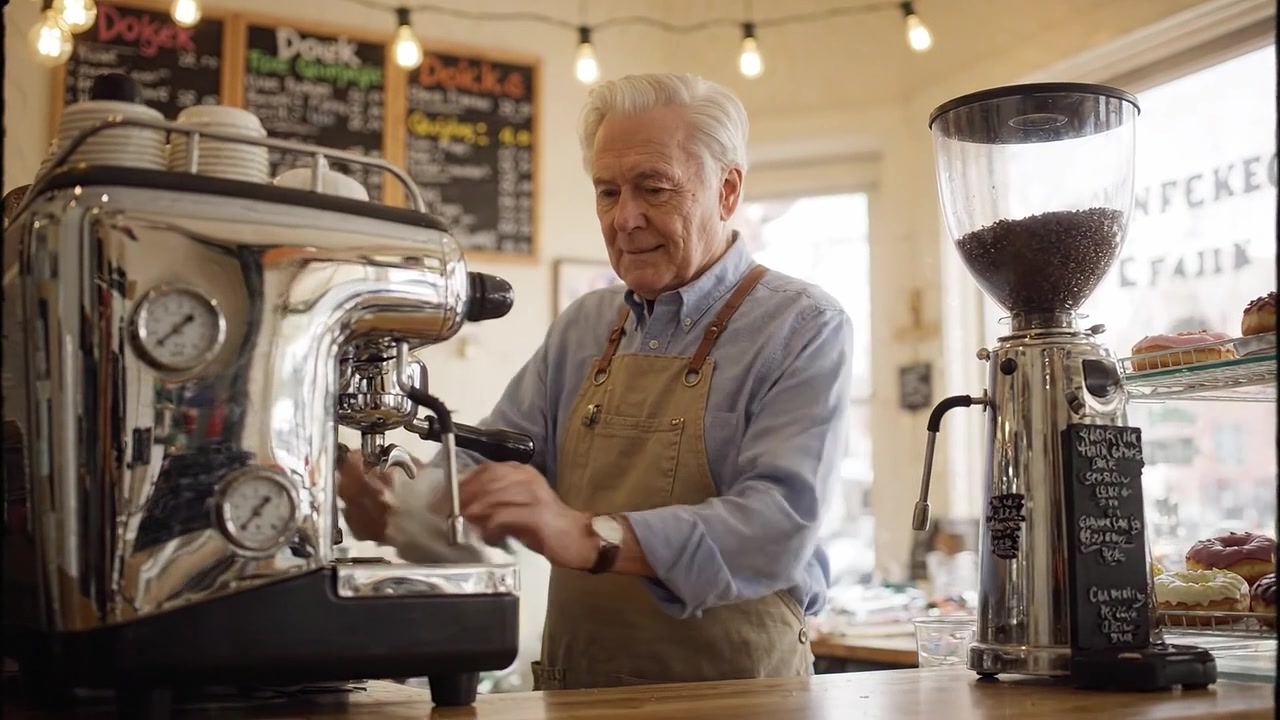 Affascinante caffetteria: un barista esperto che prepara deliziosi caffè espresso dietro il bancone in un accogliente caffè con pasticcini invitanti e un'atmosfera calda.