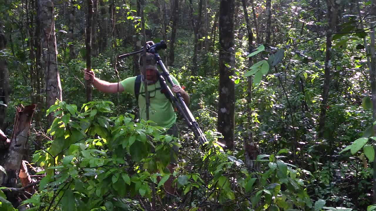 카메라와 삼각대를 들고 정글이나 열대 우림을 걷는 영화 제작자