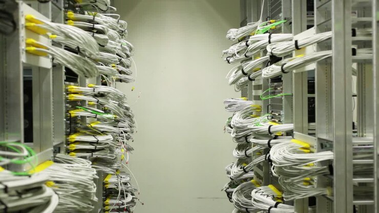 Establish server room with organized white and yellow cables, slide left