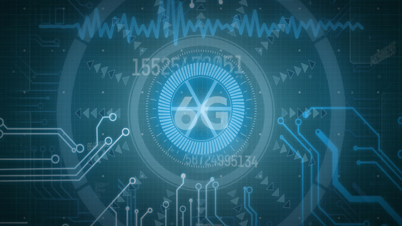 Animation of data processing with hud element, 6g sign on digital interface