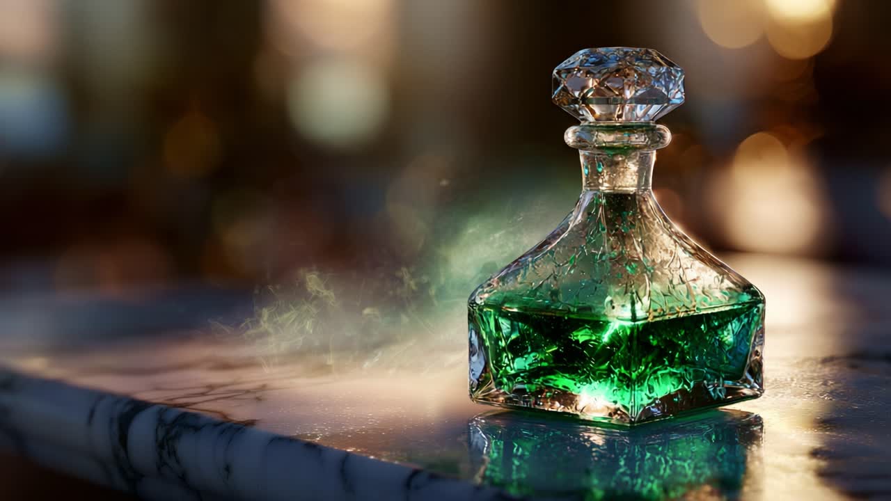 A Captivating Glow: The Enchanting Green Potion in an Elegantly Designed Bottle Captures the Eye with Its Sparkling Essence and Mysterious Aura, Perfect for Fantasy Themes