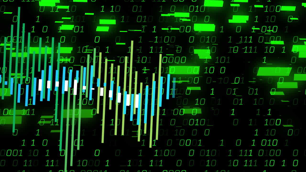 Animation of financial data processing and binary coding over black background