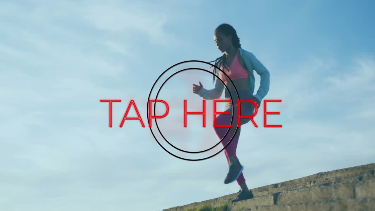 Jogging on rooftop, woman with Tap Here text overlay in animation style
