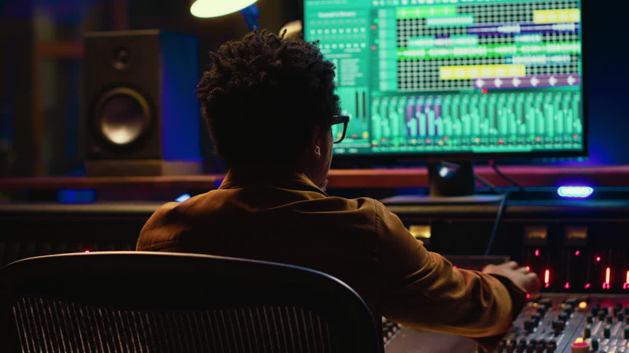 African american music producer mixing and mastering tracks on audio console