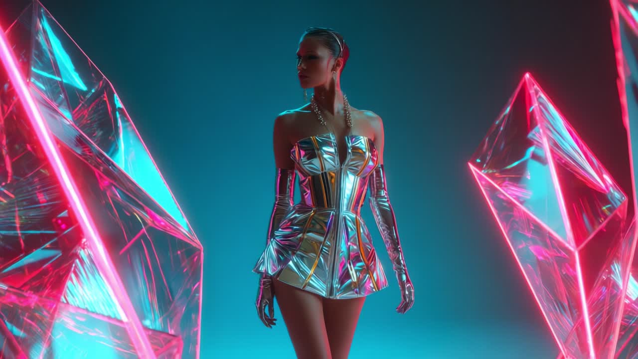 A captivating figure stands in a futuristic, illuminated environment, showcasing a luxurious and reflective outfit that enhances the overall vibe of glamour and stylish design, highlighted by vibrant neon accents