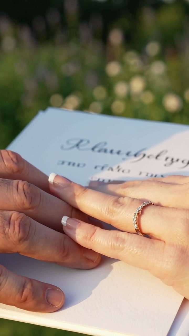 Vertical video: Sliding hands joining after placement on invite in meadow revealing text, rings