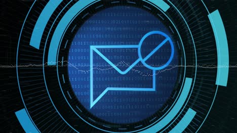animation of envelope and stop sign in loading circles over graphs with numbers on black background