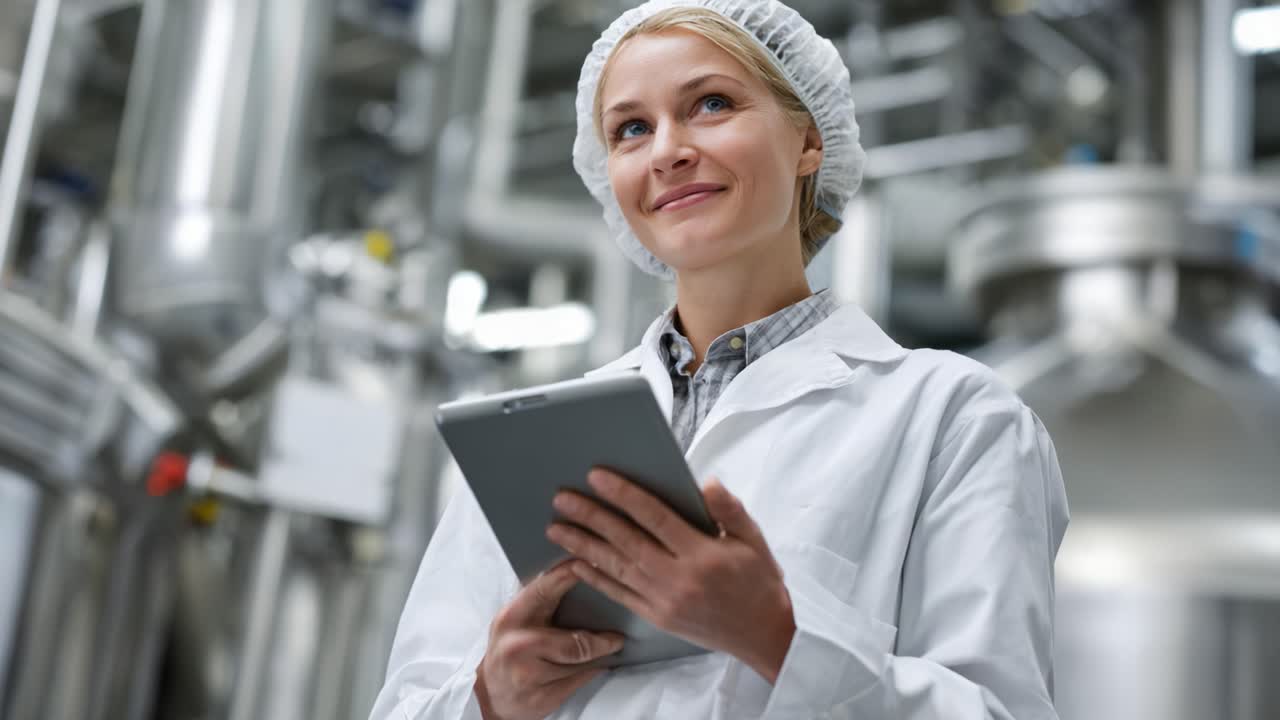 A confident professional in a lab coat and hair net analyzes data on a tablet, demonstrating expertise in a state-of-the-art industrial setting, focused on quality control processes