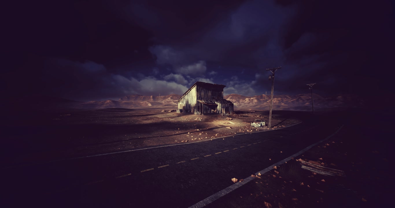Lone vehicle advances along dark highway towards softly lit shelter window