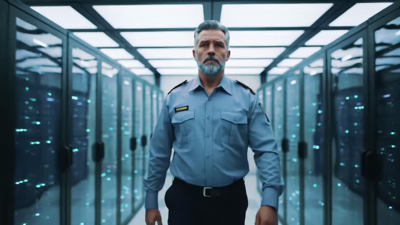 A lone security officer stands confidently in a high-tech server room, overseeing vast rows of digital storage units glowing with blue lights, embodying authority and vigilance