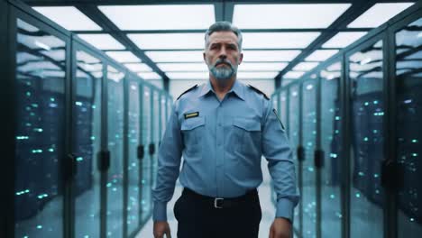 a lone security officer stands confidently in a high-tech server room, overseeing vast rows of digital storage units glowing with blue lights, embodying authority and vigilance