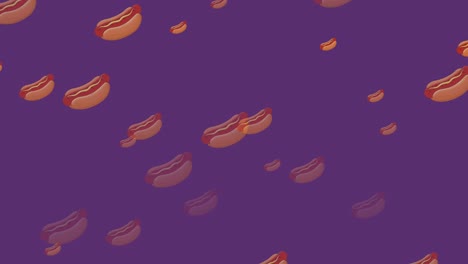 animación de iconos de perritos calientes que caen sobre un fondo púrpura