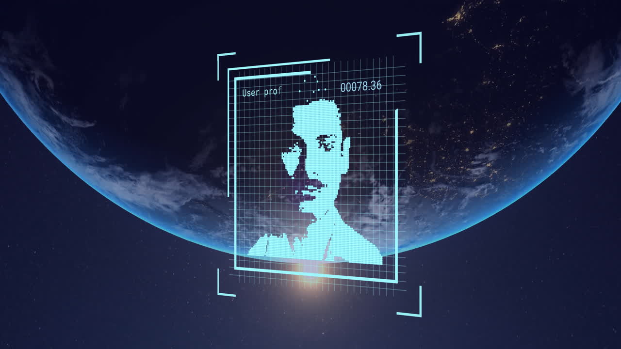 анимация биометрической фото- и цифровой обработки данных по всему миру