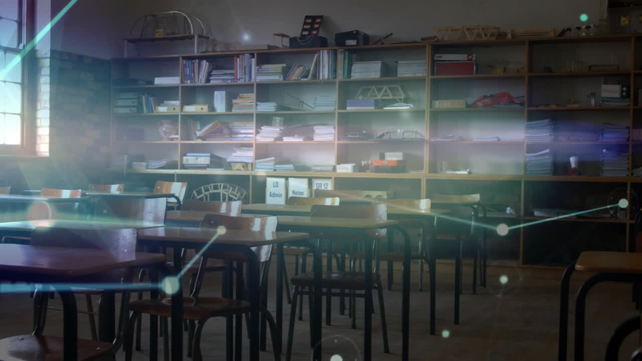 Empty classroom with desks and bookshelves, network connections animation over scene