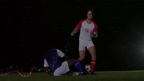 soccer players on field with data analysis animation overlaid