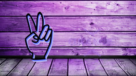 neon click here text and hand peace symbol against purple wooden background